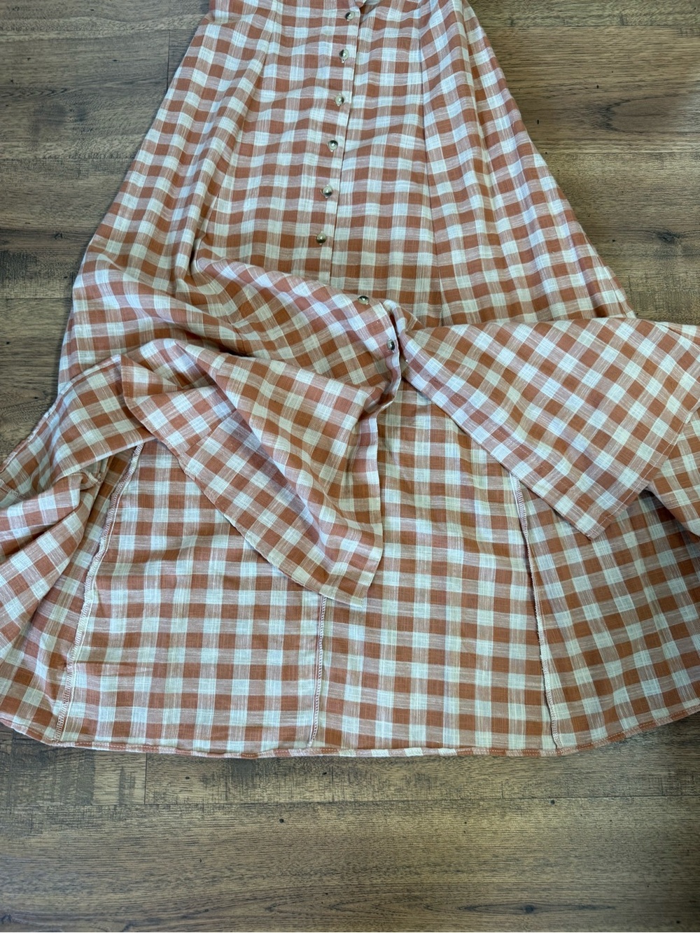 ANGIE  Rust and Cream Plaid Maxi Dress with Front Tie V-Neck Button Cotton M. - Picture 11 of 13